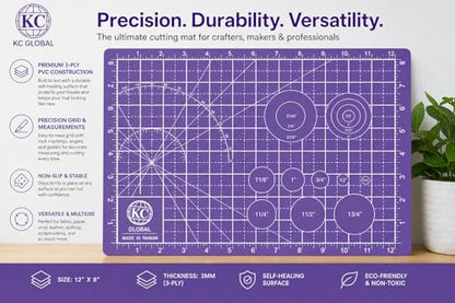 KC GLOBAL A4 (13"x9") Professional Grade Self-Healing Double-Sided PVC Cutting Mat (Purple) - Odor-Free, Eco-Friendly, Non-Slip, Premium Desk Mat for DIY, Crafting, Model Building and Art Projects - size: 13"L x 9"W