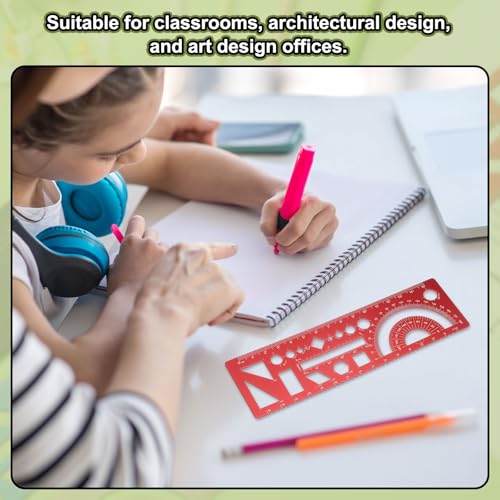 HARFINGTON 2pcs Multifunctional Geometric Rulers 15cm Metric and SAE Aluminum Straight Edge Protractor Angle Math Measuring Ruler Geometric Drawings Templates for Drawing Drafting, Dark Red - color: Dark Red