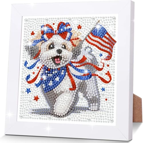 Gemozaic 4th of July Patriotic Dog Diamond Art Kit for Kids 8-12 with Frame, Cute Independence Day Puppy Diamond Art Painting, DIY Animal with American Flag Arts and Crafts Kit, 7 x 7 Inch - color: CC1076