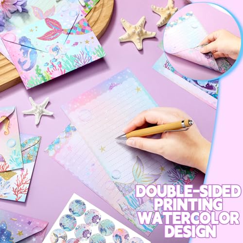 TaoBary 160 Pcs Mermaid Stationery Paper and Envelopes Set 50 Double Sided Lined Stationery Paper with 50 Matching Envelopes and 60 Round Dot Sticker 5.5 x 8.25'' Letter Writing Kit, 10design - size: 5.5 x 8.25 Inch, style: Mermaid