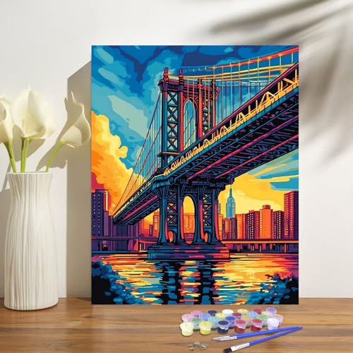 Manhattan Bridge Paint by Numbers Kit for Adults Beginner Sunset Oil Painting Kit Adult Paint by Number Kits on Canvas DIY Painting for Beginners Art by Numbers for Gifts Home Wall Decor 16x20 Inch﻿ - color: YF022