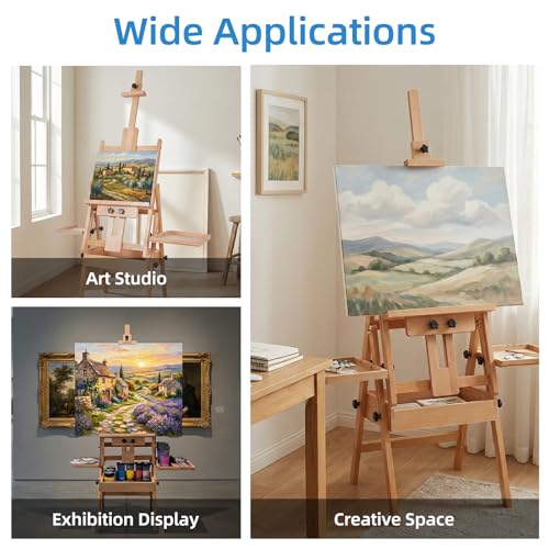 Large Horizontal Wooden Painting Easel, Holds up to 50'' | H-Frame Studio Easel Stand with Storage Drawer and Palettes, Suitable for Adults, Beginners, and Artists - style: Natural