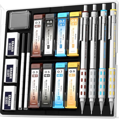 Nicpro 4 Pack Blocky Gear 0.3/0.5/0.7/0.9 mm Metal Mechanical Pencils Set | Lead Drafting Pencil with 8 Tube Break-resistant Lead(HB 2B), Erasers, Eraser Refills, Case for Art Writing Sketching Drawing - style: 0.3 0.5 0.7 0.9mm