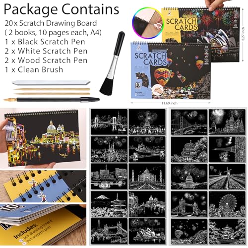 20 PCS Cityscape Scratch Art Book Crafts for Adults Teen, Rainbow Landmarks | DIY Colorful City Series Painting Paper, ASMR Stress-Relief Engraving Kit Scratchboard, travel crafts and creative gifts - color: Rainbow Landmarks