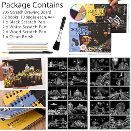 20 PCS Cityscape Scratch Art Book Crafts for Adults Teen, Rainbow Landmarks | DIY Colorful City Series Painting Paper, ASMR Stress-Relief Engraving Kit Scratchboard, travel crafts and creative gifts - color: Rainbow Landmarks