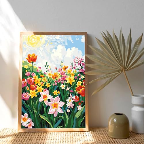 Framed Paint by Numbers Kit for Adults Beginner & Kids Ages 8-12, Flowers Easy Paint by Numbers without Easel, DIY Adult Painting by Number Kits on Canvas with frame for Gift Home Decor 8 x 12 Inch - color: XM-OP-F-Flowers-2030