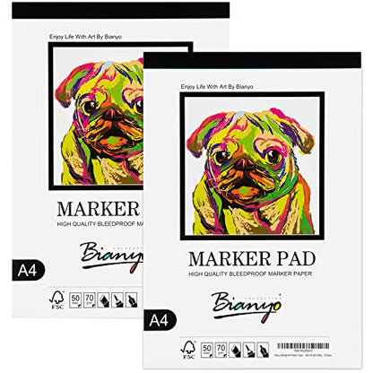 Bianyo Bleedproof Marker Paper Pad, A4(8.27"X11.69"), 50 Sheets/Pad, Pack of 2 Pads, 18 LB / 70 GSM, Glue-Bound, 100% Cotton, White, Ideal for Use with Markers and Ink Mediums - size: A4(8.27*11.69"), 100 sheets