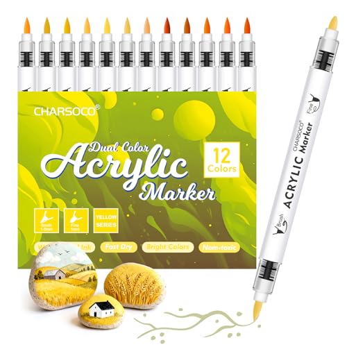 Yellow Tones Acrylic Paint Pens, 12 Colors Markers Set with Soft Brush & Bullet Tip, for Rock, Painting, Wood, Glass, Ceramic, Canvas, Stone, DIY Crafts, Making Art Supplies, Fabric Paint - color: Yellow