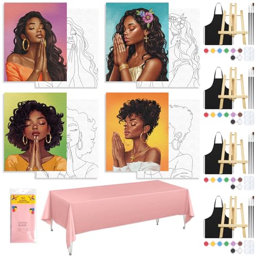 4 Pack Sip and Paint Kit for Adults Pre Drawn Canvas for Painting Pre Printed Stretched Canvas DIY Art Party Set Date Night Girls Game (Pray Girl,8x10 Inches) - style: Pray Girl