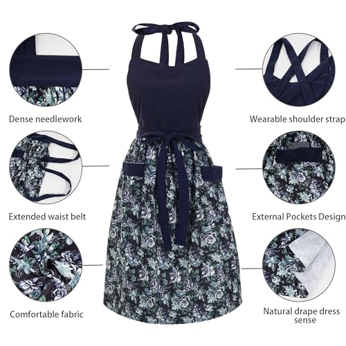 Cute Floral Apron for Women with Pockets, Cotton, Adjustable Straps - color: Deep Blue