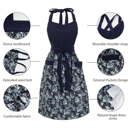 Cute Floral Apron for Women with Pockets, Cotton, Adjustable Straps - color: Deep Blue