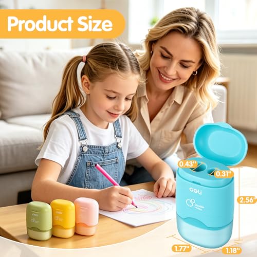 Deli Pencil Sharpener & Eraser, 24 Pack Pencil Sharpeners Manual | Dual Holes Compact Colored Handheld Pencil Sharpener with Lid for Kids, School, Office - size: 24 Pack