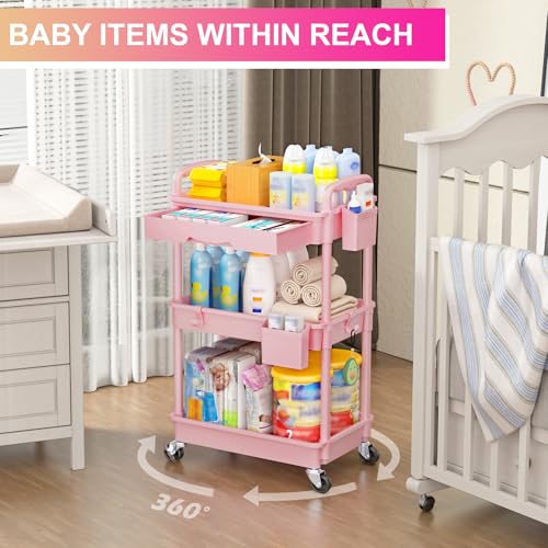 Goovilla 3 Tier Rolling Utility Cart Organizer with Removable Drawer, Pink | Stable and Sturdy Rolling Storage Carts with 2 Lockable Wheels for Bathroom, Kitchen, Snack, Craft, Makeup, Baby Essentials - size: 3 Tier, style: Pink