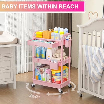 Goovilla 3 Tier Rolling Utility Cart Organizer with Removable Drawer, Pink | Stable and Sturdy Rolling Storage Carts with 2 Lockable Wheels for Bathroom, Kitchen, Snack, Craft, Makeup, Baby Essentials - size: 3 Tier, style: Pink