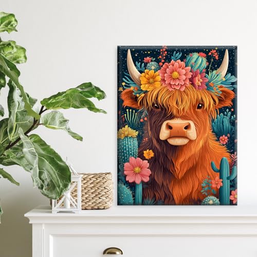RICUVED Cow Paint by Numbers Kit for Adults Beginners Framed with Wooden Easel, Cactus Adults' Paint-by-Number Kits on Canvas, DIY Easy Acrylic Oil Painting by Numbers for Home Decor, 8x12in - color: OMS063