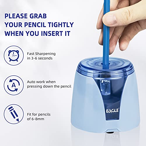 Eagle Electric Pencil Sharpener, Battery Powered, Large Shaving Holders, Carbon Steel Blades, Portable, Reusable and Replaceable Blade, Suitable for Kids, Home, School and Office use (Blue) - color: Blue