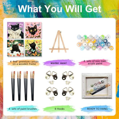 4 Pack Cat Paint by Numbers for Adults with Framed Canvas - Wooden Easel - color: BKH2820+BKH2821+BKH2822+BKH2823
