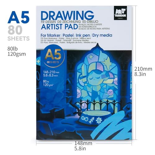 TRANSON A5 Small Sketchbook Marker Pad, 80lb/120gsm Heavyweight Art Paper, No Bleed Through, 80 Sheets/160 Pages 5.8"x8.3" for Drawing & Sketching - size: A5 120gsm