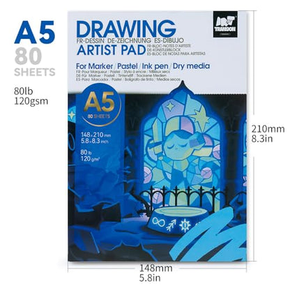 TRANSON A5 Small Sketchbook Marker Pad, 80lb/120gsm Heavyweight Art Paper, No Bleed Through, 80 Sheets/160 Pages 5.8"x8.3" for Drawing & Sketching - size: A5 120gsm