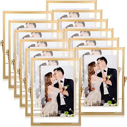 Hoteam 12 Pack 6 x 8 Inches Floating Frame for Photo 4 x 6 Inches, Glass Floating Picture Frame Collection Vintage Metal Minimal Ornate Easel for Wedding Pictures Photos Desk Tabletop Display - color: Gold, size: 4 x 6 Inches
