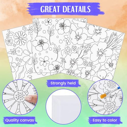 Teling 12 Pcs Pre Drawn Stretched Canvas Kit for Adults Painting Pre Printed Canvas Outline for DIY Painting Party Favor,6 x 6 x 0.6 Inches(Flower) - style: Flower