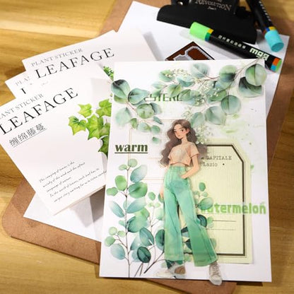 120 Pcs Botanical Leaf PET Stickers for Scrapbook Journaling | Transparent plant ephemera for junk journals, planners, collage, card making, and DIY crafts - color: Leaf Whisper