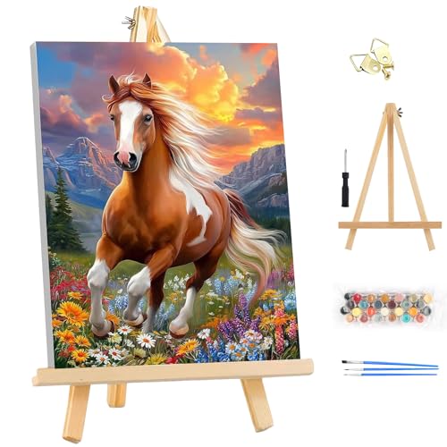EOBROMD Framed Paint by Numbers Kits for Adults - Wooden Easel, Animal Horse DIY Kits Crafts for Beginner on Stretched Canvas, 3 Brushes and Acrylic Paint for Home Decor 10x14 Inch - color: LG015
