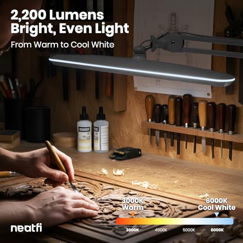 Neatfi XL 2,200 Lumens 20W LED Task Lamp – 23” Ultra-Wide Head | 182 SMD LEDs | 4 Brightness Levels | 3 Light Modes | Eye-Caring, Glare-Free | Adjustable Arm (White, CCT with Clamp) - color: White