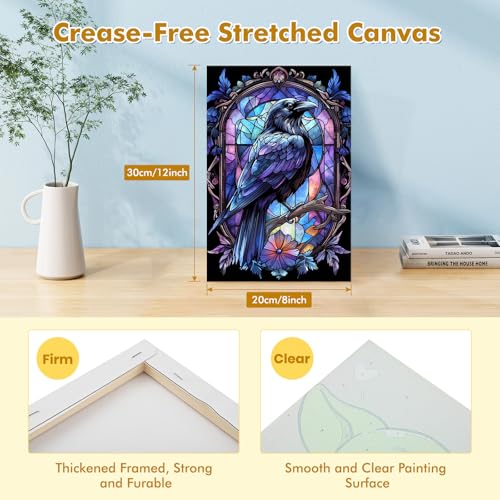 Bowetile Raven Stained Glass Framed Paint by Numbers for Adults, Gothic Crow Adults' Paint-by-Number Kits on Canvas, Acrylic Number Painting Kits Halloween Gifts for Home Decor, 8x12in - color: Bird