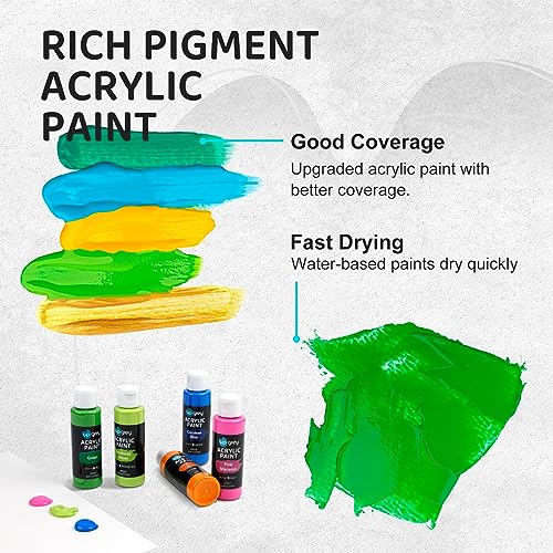 UPGREY 50 Colors Acrylic Paint Set, Non Toxic Art Paints (2fl Oz/60ml Each) With 5 Craft Paint Brushes, Metallic Acrylic Paints Kids Adults for Canvas Crafts Stone Wood Ceramic And Model Painting | 50 Vibrant Acrylic Colors,60mL Bottles,5 Brushes Included