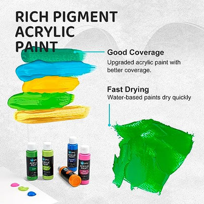 UPGREY 50 Colors Acrylic Paint Set, Non Toxic Art Paints (2fl Oz/60ml Each) With 5 Craft Paint Brushes, Metallic Acrylic Paints Kids Adults for Canvas Crafts Stone Wood Ceramic And Model Painting | 50 Vibrant Acrylic Colors,60mL Bottles,5 Brushes Included