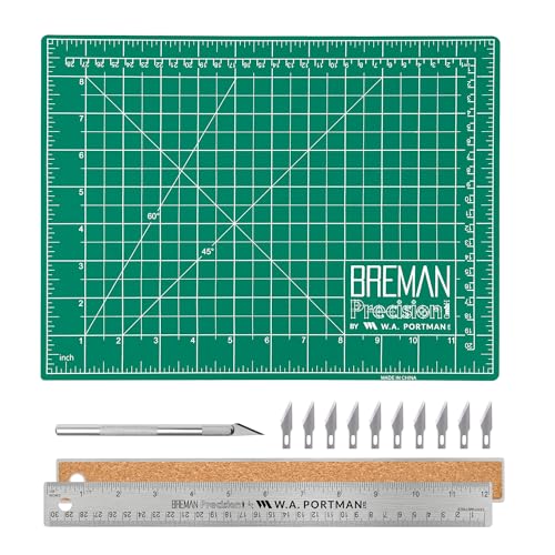 WA Portman Self-Healing Cutting Mat with Hobby Knife, 12'' Metal Ruler Set This set includes 9x12'' Fabric Cutting Mats for Crafts, Exacto Knife, 10pc#11 Blades, & 12'' Cork Backed Metal Ruler Set - size: 9x12