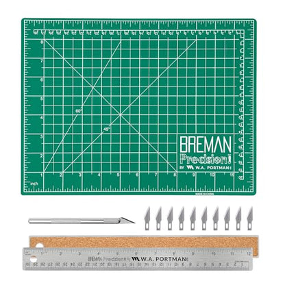 WA Portman Self-Healing Cutting Mat with Hobby Knife, 12'' Metal Ruler Set This set includes 9x12'' Fabric Cutting Mats for Crafts, Exacto Knife, 10pc#11 Blades, & 12'' Cork Backed Metal Ruler Set - size: 9x12