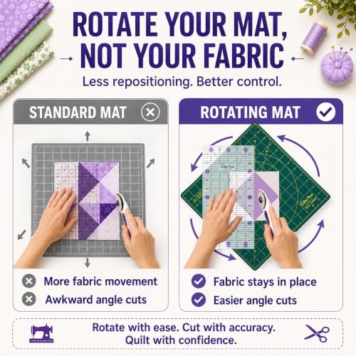 The Quilted Bear 7" x 7" Rotating Self-Healing Cutting Mat, Green | Square Mat, 360° Rotation, Locking Mechanism, 5-Layer Surface, Non-Slip Base, Clear Inch Grid & Angle Guides for Quilting - color: Green, size: 7"L x 7"W