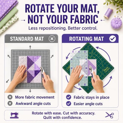 The Quilted Bear 7" x 7" Rotating Self-Healing Cutting Mat, Green | Square Mat, 360° Rotation, Locking Mechanism, 5-Layer Surface, Non-Slip Base, Clear Inch Grid & Angle Guides for Quilting - color: Green, size: 7"L x 7"W