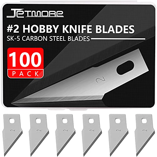JETMORE 100 Pack Exacto Knife Blades #2, Craft Knife Blades for Art | Wide SK5 edges suit carving and shaping, hobby knife blades #2 fit common handles, with hobby blades stored in a case - size: #2