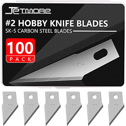 JETMORE 100 Pack Exacto Knife Blades #2, Craft Knife Blades for Art | Wide SK5 edges suit carving and shaping, hobby knife blades #2 fit common handles, with hobby blades stored in a case - size: #2