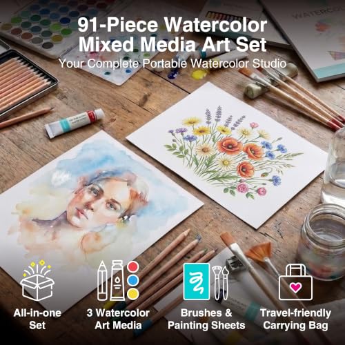 COLOUR BLOCK 91pc Watercolor Paint Set, Art Set, Paint Brushes, Watercolor Paper, Drawing Pencils, Colored Pencils 12 Count, Water Color Paint for Summer Travel