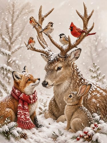 Diamond Painting Kits for Adults,5D Full Drill Winter Deer Diamond Art | Animal Forest Deer Fox Rabbit Bird DIY Paint by Diamonds Dot Gem Art for beginners,Home Wall Decor 12x16Inch - color: KM1192-1
