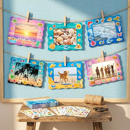 Ctosree 54 Packs Summer Picture Frame Craft Kit DIY with Stickers for Kids | Ocean Theme Make Your Own Frame Arts and Crafts Beach Pool Party Favors Classroom Set Bulk