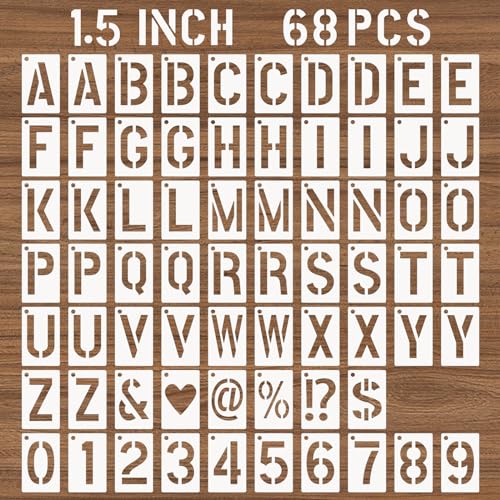 1.5 Inch Letter and Number Stencils, 68 Pcs Reusable Plastic Alphabet Spray Paint Stencils for Painting on Wood, Wall, Fabric, Rock, Signage, Door Porch, DIY Art Projects - size: 1.5 Inch