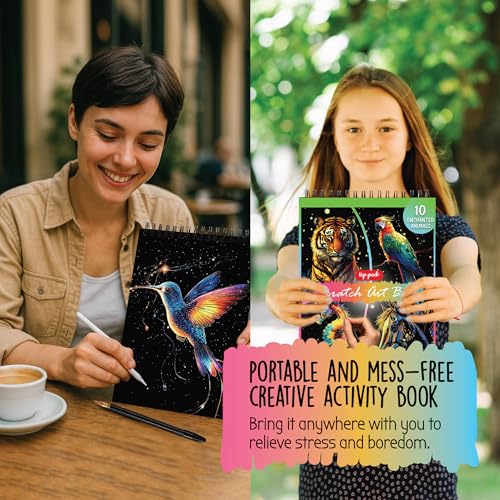 Scratch Art Book for Adults - Animal Series, 10 Rainbow Art and Crafts for Adults | Adult scratch art & foil art for adults kit | stress relief scratch painting, screen-free travel craft | scratch art adult - color: Animal Series
