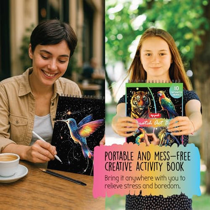 Scratch Art Book for Adults - Animal Series, 10 Rainbow Art and Crafts for Adults | Adult scratch art & foil art for adults kit | stress relief scratch painting, screen-free travel craft | scratch art adult - color: Animal Series