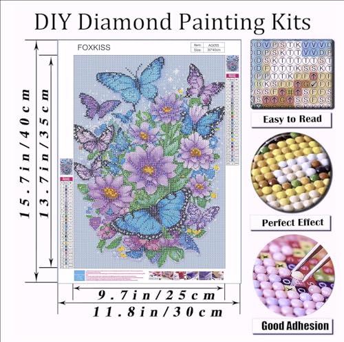 FOXKISS Butterfly Diamond Art Painting Kits for Adults, Full Drill Diamond Dots Paintings for Beginners, Round 5D Paint with Diamonds Pictures Gem Art Painting Kits DIY Crafts Kits 12x16inch - color: j