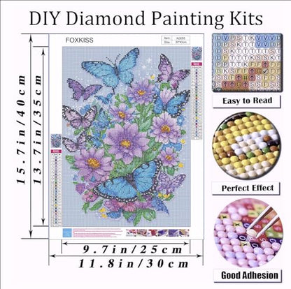 FOXKISS Butterfly Diamond Art Painting Kits for Adults, Full Drill Diamond Dots Paintings for Beginners, Round 5D Paint with Diamonds Pictures Gem Art Painting Kits DIY Crafts Kits 12x16inch - color: j