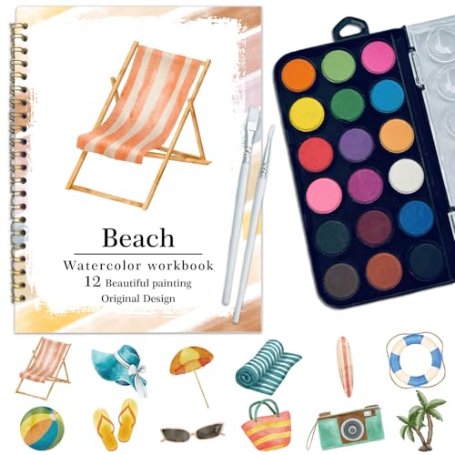 Watercolor Workbook, Water Coloring Book, 12 Different Patterns of Original DIY Designs, 18 Colors Watercolor Set, Beginner-Friendly Watercolor Workbooks (Beach), Perfect Gifts for Adults - color: beach
