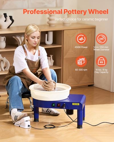 VEVOR 14in Pottery Wheel for Adults Beginners, 0-6in Height-Adjustable, 450W Pottery Forming Machine 60-300RPM Electric Ceramic Wheel, Blue | For Work Art Craft DIY, 0-6in Height-Adjustable, 60-300RPM Speed Adjustable, Electric Ceramic Wheel with Foot Ped