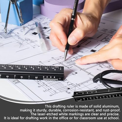 2-Piece Architectural Scale Ruler Set, 12-Inch Laser-Etched Aluminum Triangular Scale + Stainless Steel Straight Ruler, Inch/mm Conversion for Drafting, Blueprint Reading and Technical Drawing