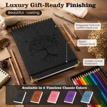 Blank Notebook Journal, Hardcover Sketchbook, 300 Page No Bleed Thick Paper | Spiral Notebook A5, Art Embossed Leather Unlined Sketch Pad for Women Men Kids Smooth Journaling Sketching Gifts, Lay Flat - color: Black, size: A5 (8.5” x 5.5”)