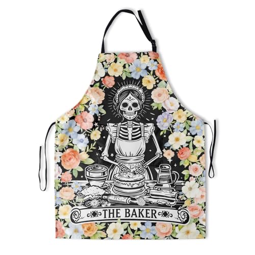 Funny Apron Polyester Grooming Aprons with Pocket for Cooking Kitchen Grilling Adults - color: Flower Skull Black